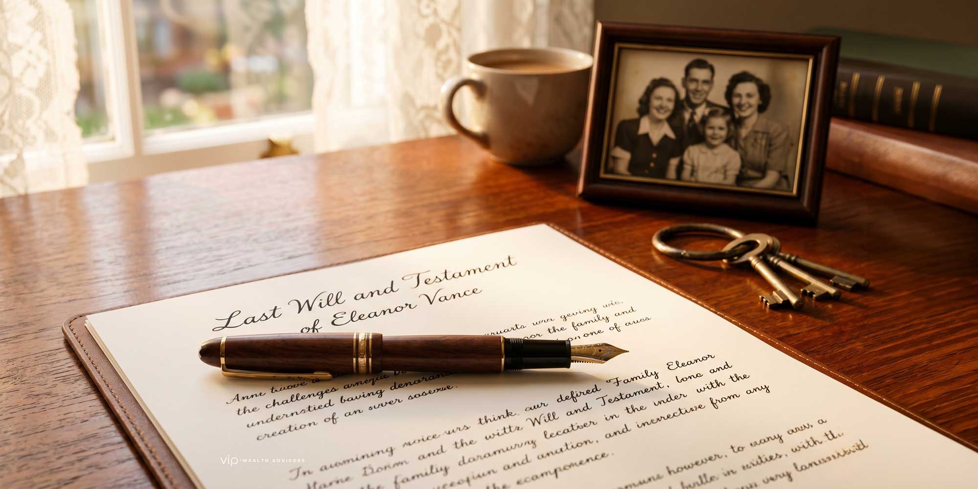 Estate planning scene showing a last will and testament document with pen, family photograph, and personal items on a desk, representing probate and the transfer of assets after death