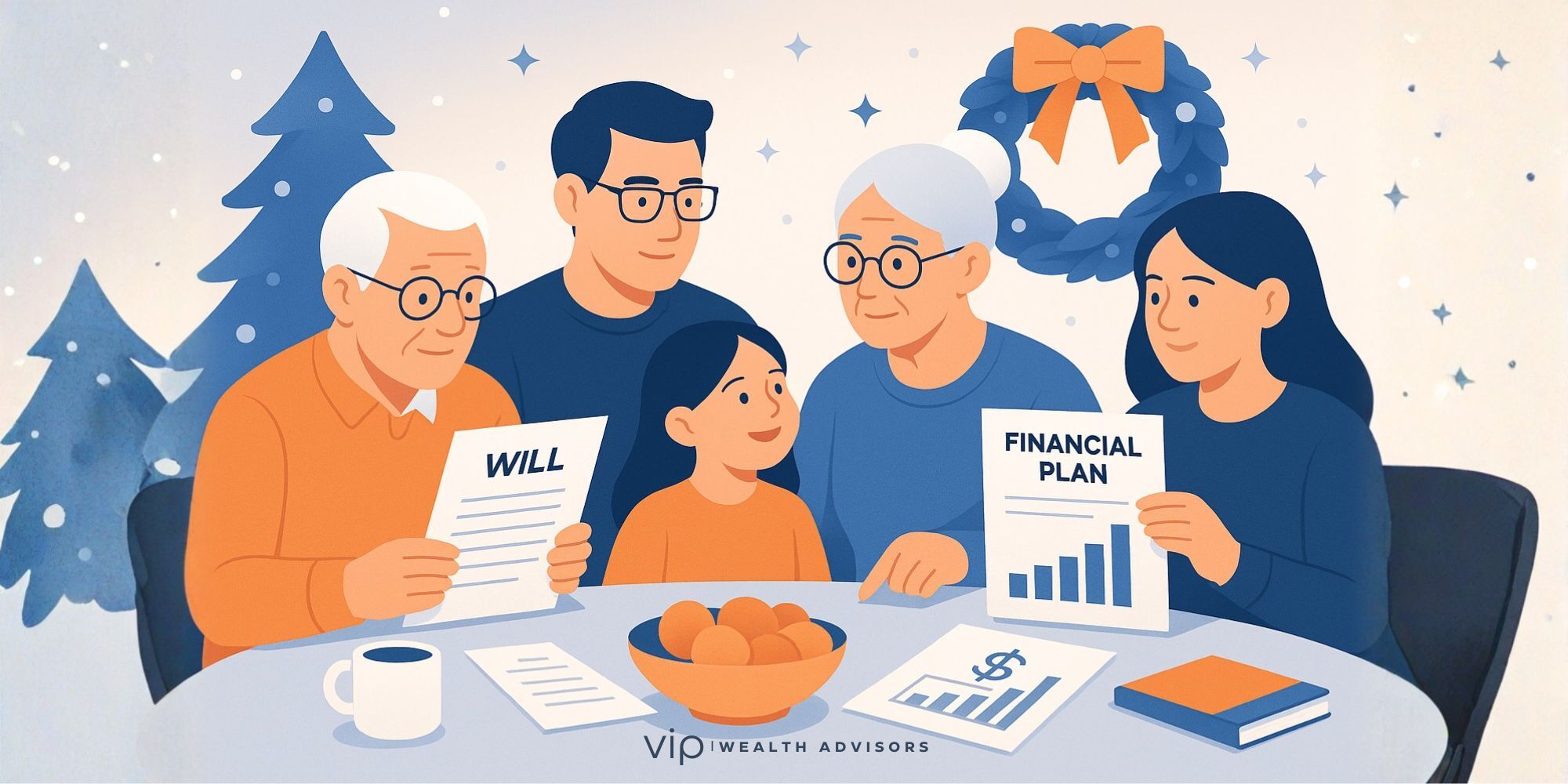 A multigenerational family gathered around a table during the holidays, discussing documents, finances, and future plans in a warm, organized setting.